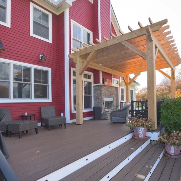 back deck with wooden trellis