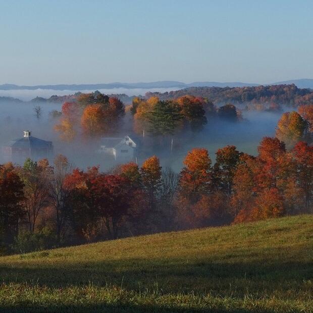 vermont hilltop on a foggy autumn day